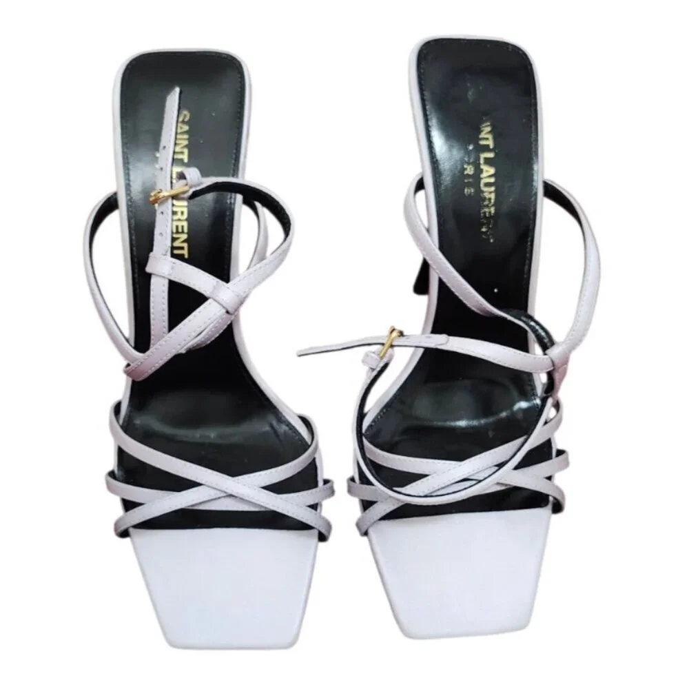 Saint Laurent Paris Satin Strappy Heels Light Lavender Black 36.5 EU
